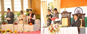 The Governor of Arunachal Pradesh Shri V. Shanmuganathan administering the oath of office and secrecy to the new cabinet ministers in the  Darbar Hall, Raj Bhawan, Itanagar on 14th January�2017